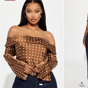 Brown Polka Dot Off-Shoulder Blouse